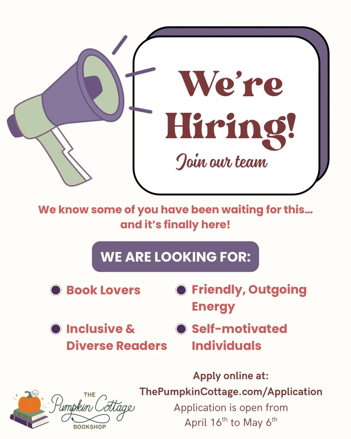 It&rsquo;s finally time&hellip;📚✨

Applications are officially OPEN!

With our move, we&rsquo;re so excited to grow our team and bring in more book lovers to be part of the magic 

If you&rsquo;ve ever wanted to work in a cozy little bookshop, this 