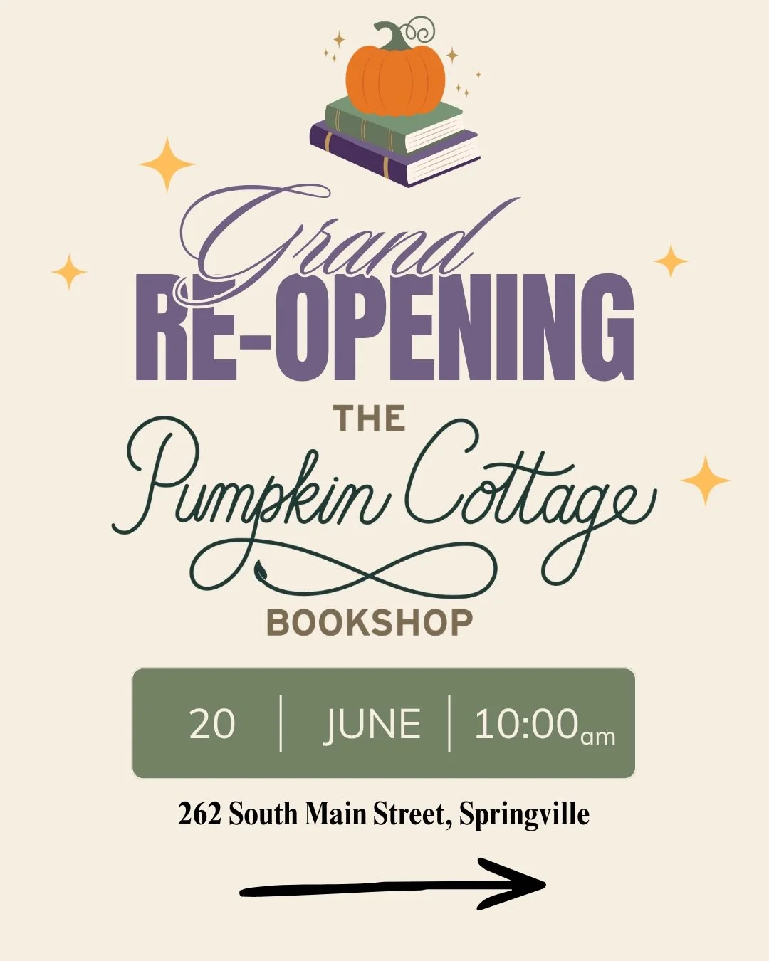 ✨GRAND RE-OPENING ANNOUNCEMENT✨

Our Grand Re-Opening at The Pumpkin Cottage is happening Saturday, June 20th and it&rsquo;s going to be here before we know it 🥹📚

We are SO excited to finally welcome you all into our new Main Street space and cele