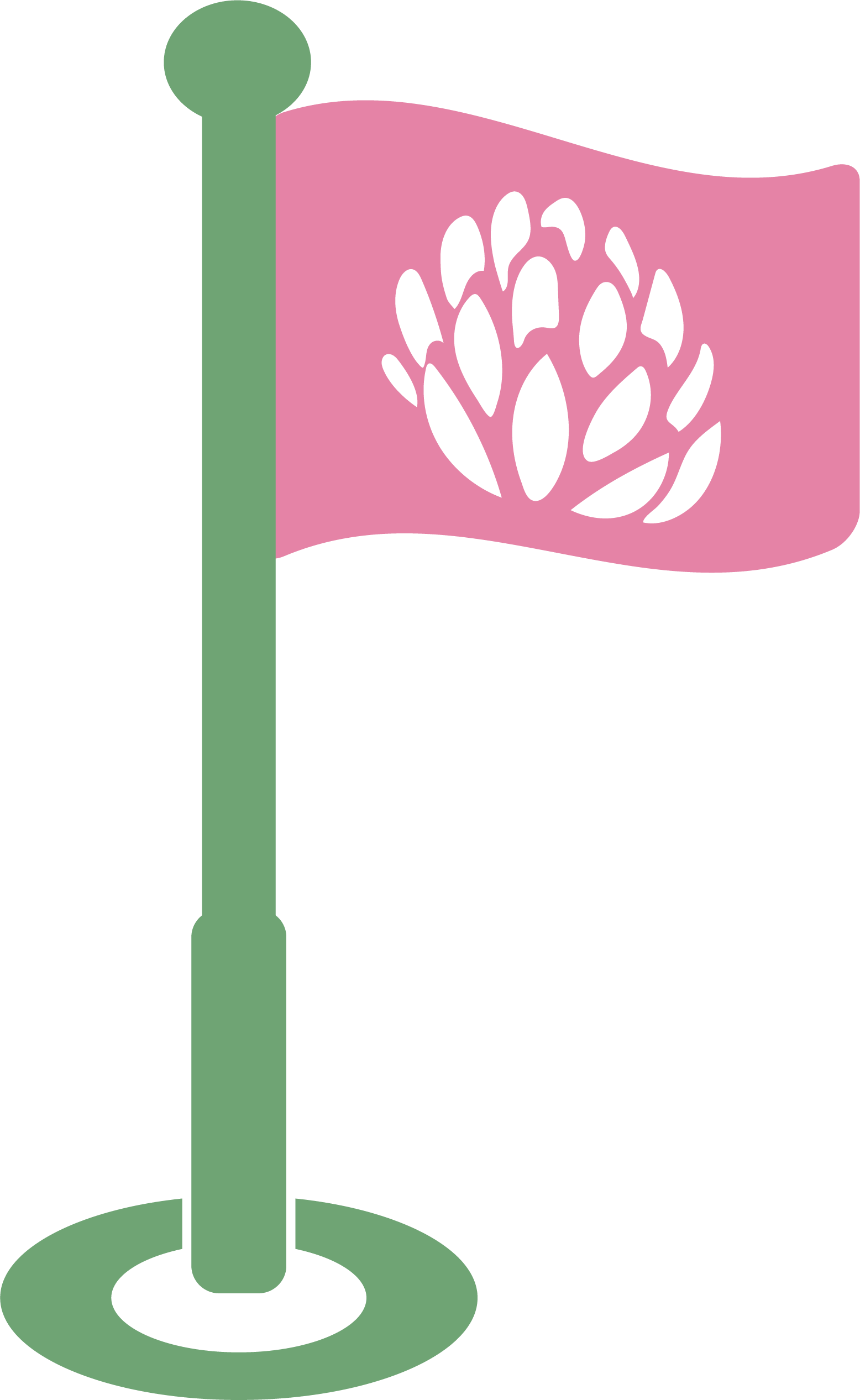 A flag with a pink background and a white clover flower cone symbol on it, mounted on a green pole with a round base.