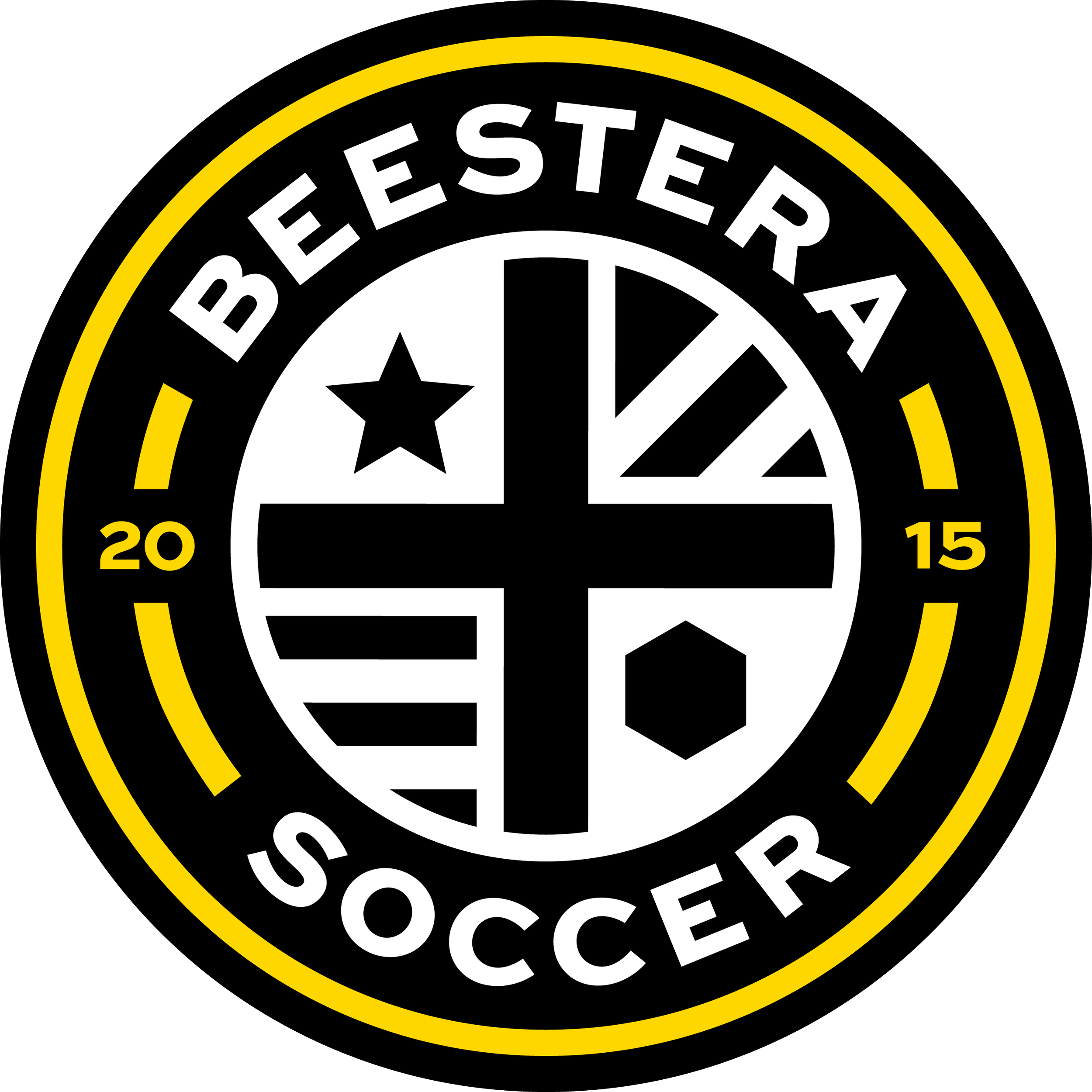 Circular logo with black, white, and yellow colors. Text reads 'Beestera Soccer 2015'. The inner circle features a black cross, stars, a hexagon, and various geometric shapes.