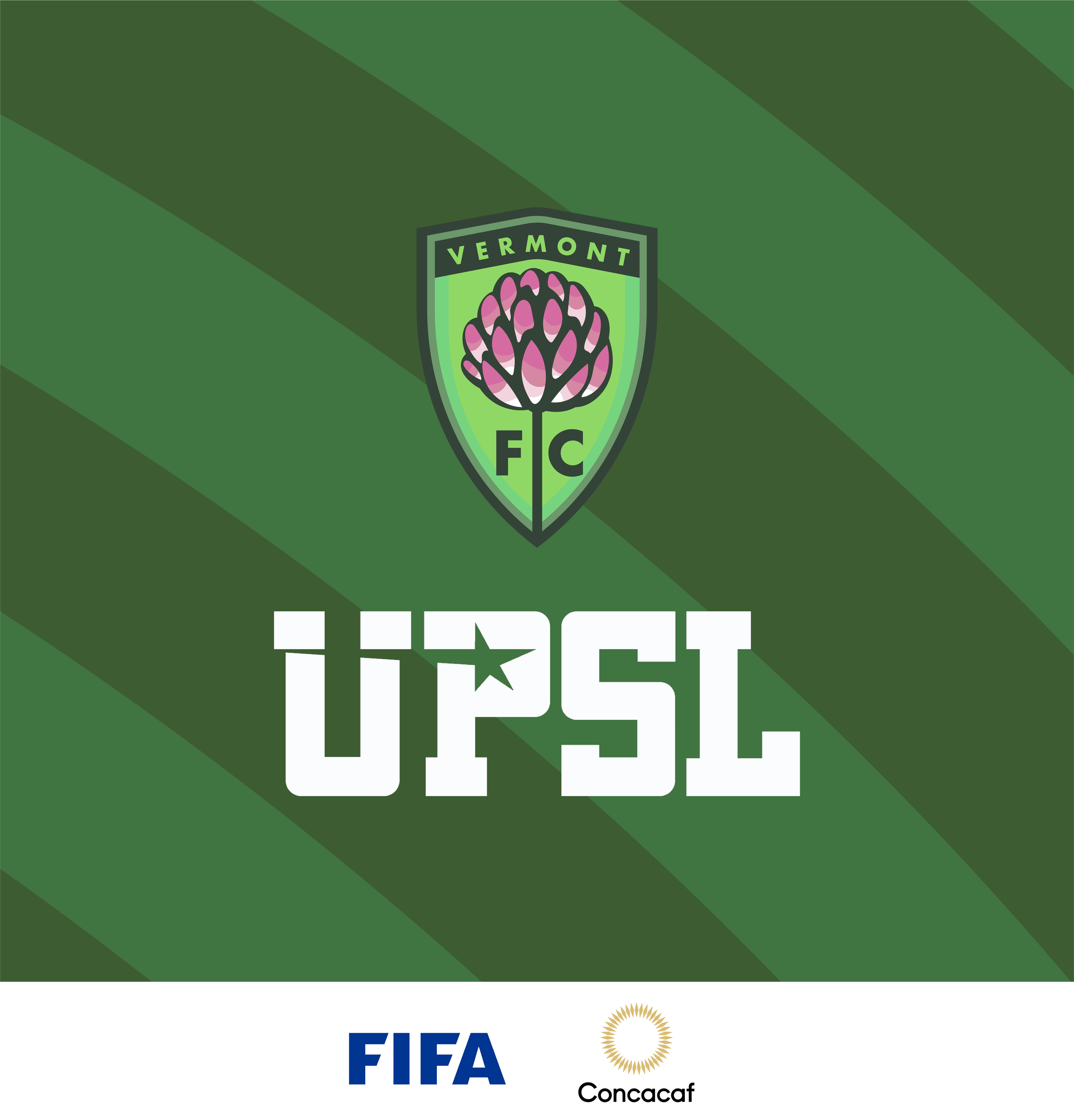 The image features the Vermont Clover FC logo with a pink artichoke in a green shield, underneath white text that reads 'UPSL,' and at the bottom, the FIFA and Concacaf logos.