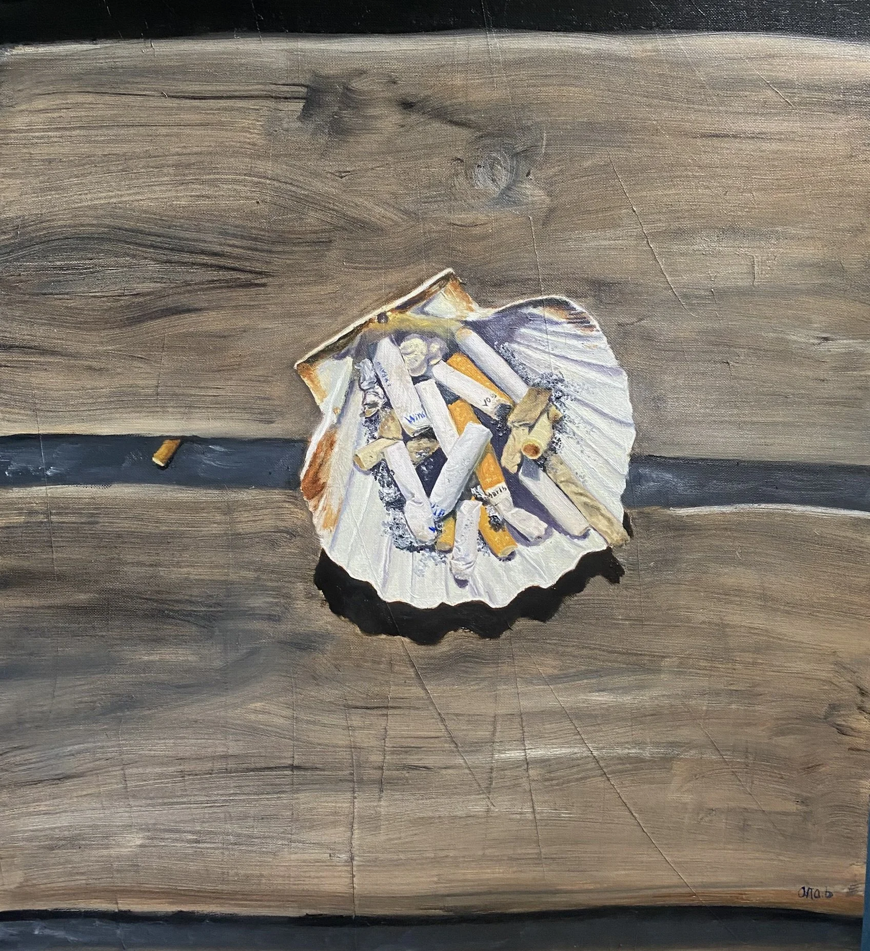 Tableau d'une coquille Saint-Jacques utilisée comme cendrier.