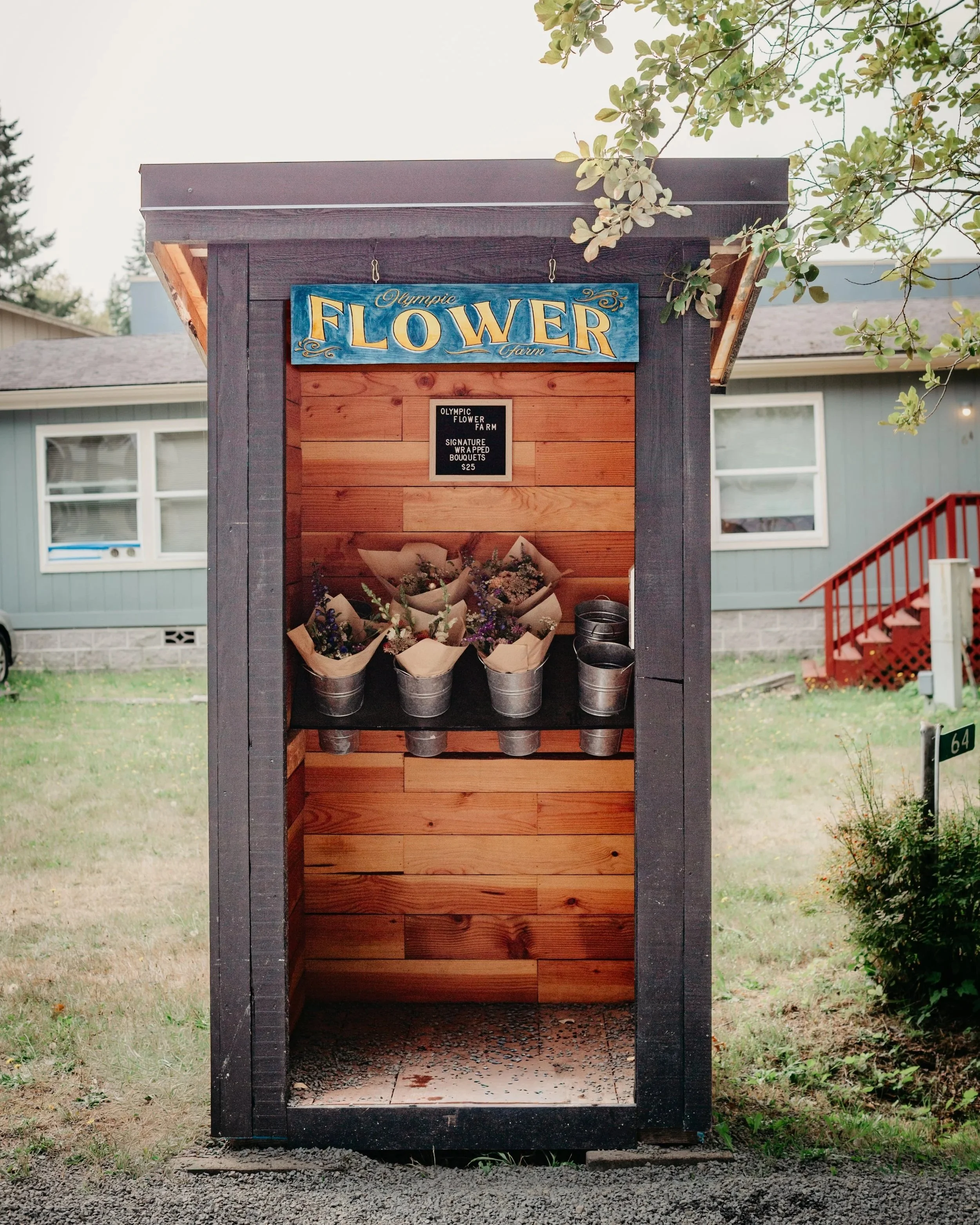 A small outdoor flower stand with a blue sign that says 'Olympic Flower Farm.' Inside, there are buckets with wrapped bouquets of flowers and extra buckets on the side. The stand is made of wood, with a house in the background.