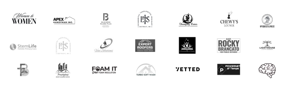 A collection of business logos and brand names arranged in rows and columns.