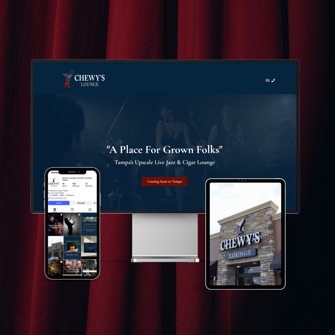 A promotional graphic for Chewy's Lounge, a jazz and cigar lounge in Tampa, featuring a desktop monitor with the lounge's website, a smartphone displaying the lounge's social media profile, and a tablet with an exterior photo of the lounge's entrance