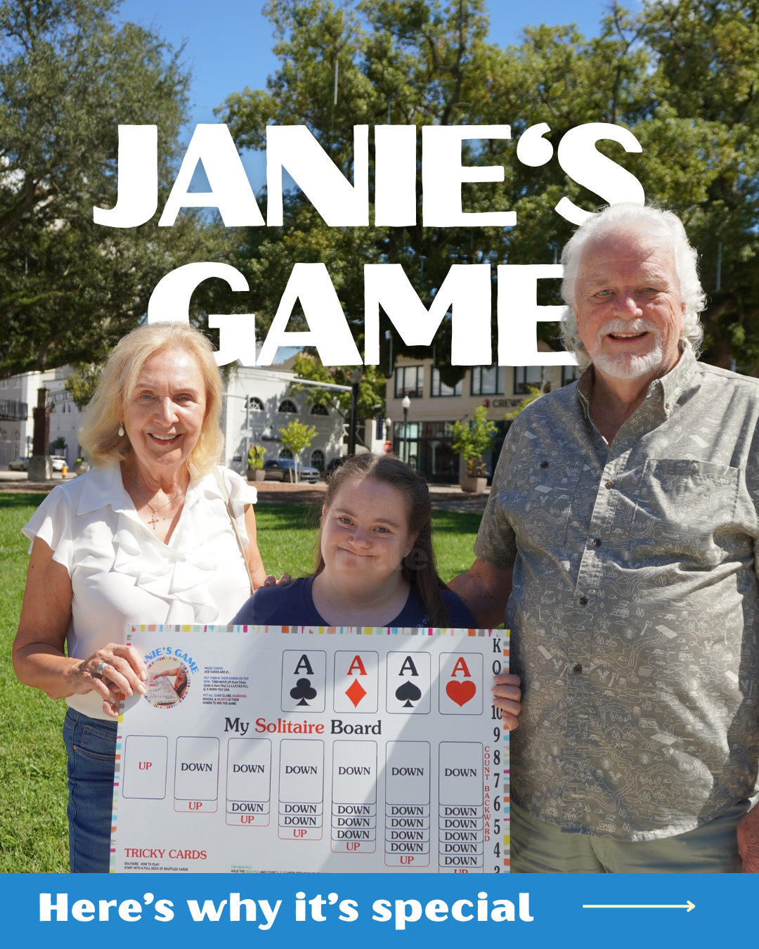 A group of three people, two seniors and a young girl, standing outdoors in a park holding a large solitaire card game board with four aces, with trees and buildings in the background. The text overlay says "Janie's Game" and below, "Here's why it's 