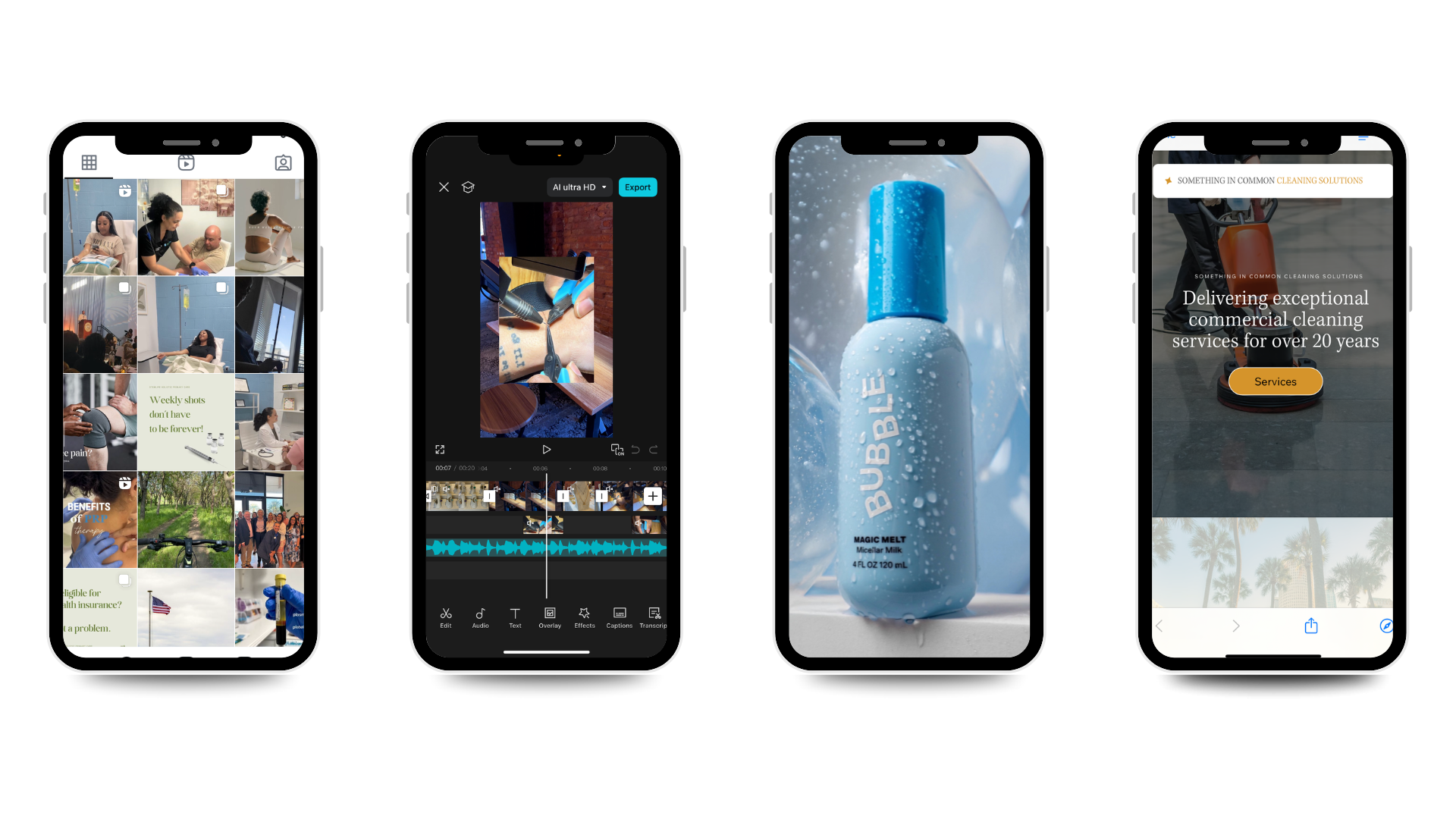 Five smartphone screens displaying various digital content and activities, including photo galleries, video editing, a bottled beverage, and a cleaning service webpage.