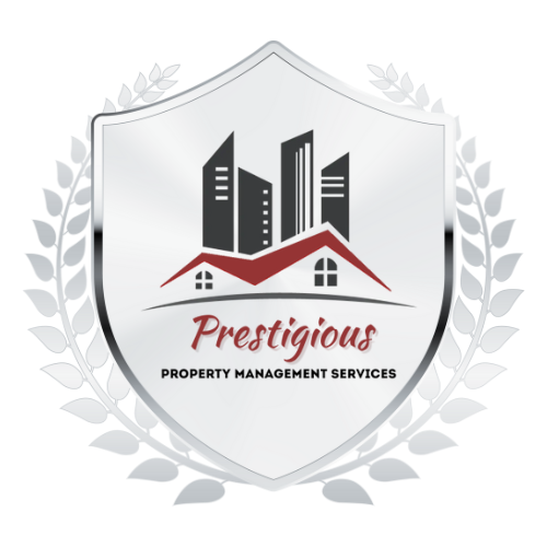 Logo for Prestigious Property Management Services with a shield, city buildings, a house roof, and laurel wreaths.
