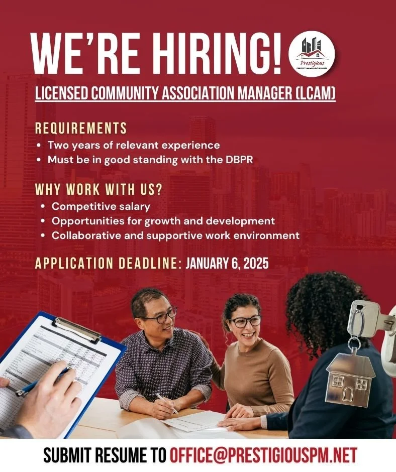 A recruitment poster seeking candidates for a licensed community association manager position, featuring requirements, benefits, application deadline, and submission instructions, with a photo of three diverse people at a meeting and a person holding