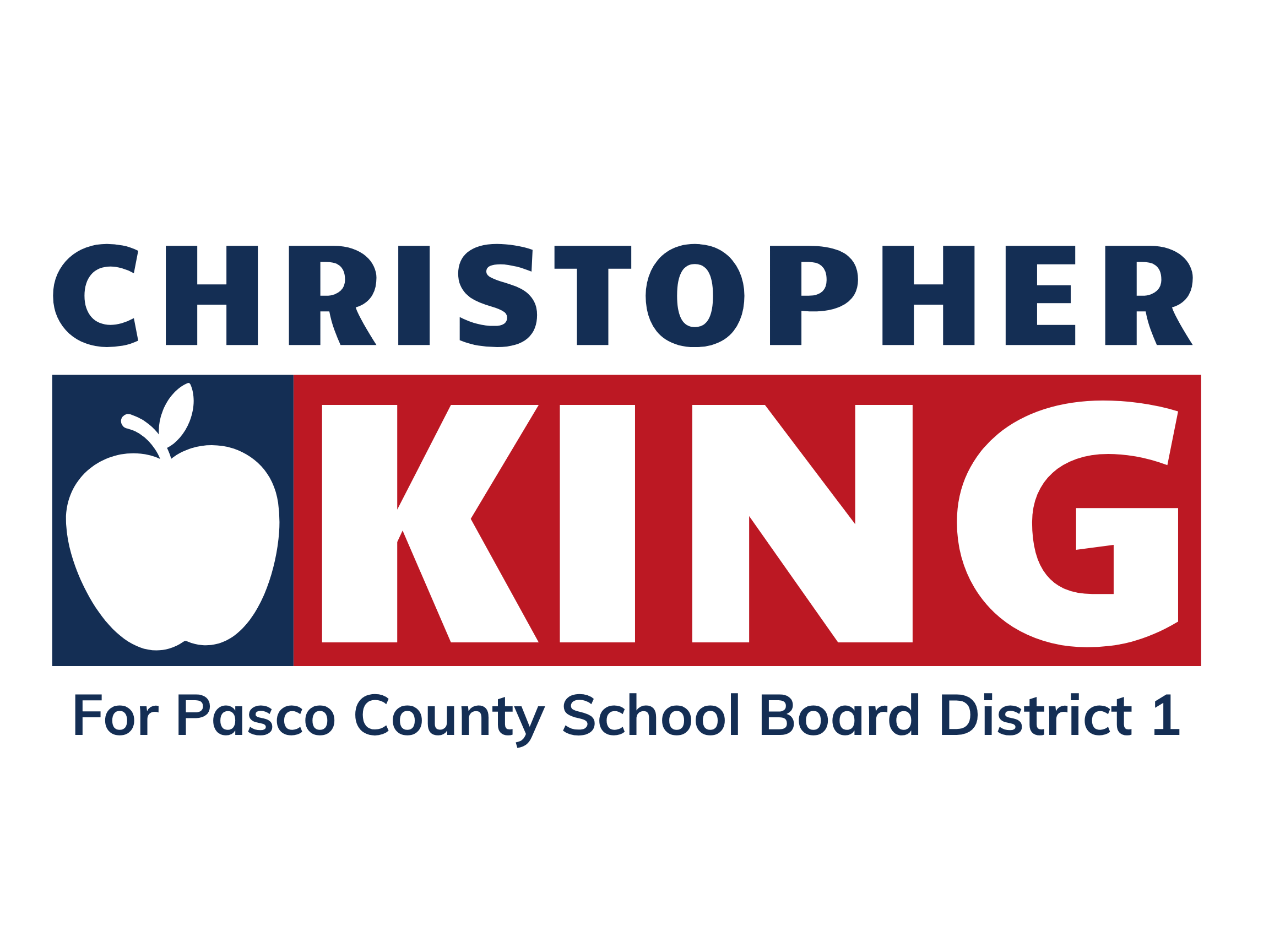 Campaign logo for Christopher King, running for Pasco County School Board District 1. The logo features a stylized white apple with a leaf, on a dark blue background, with the candidate's name in bold navy and red letters.