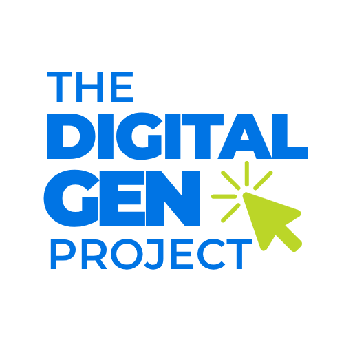 Logo for The Digital Gen Project with blue text and a green cursor icon on a black background.