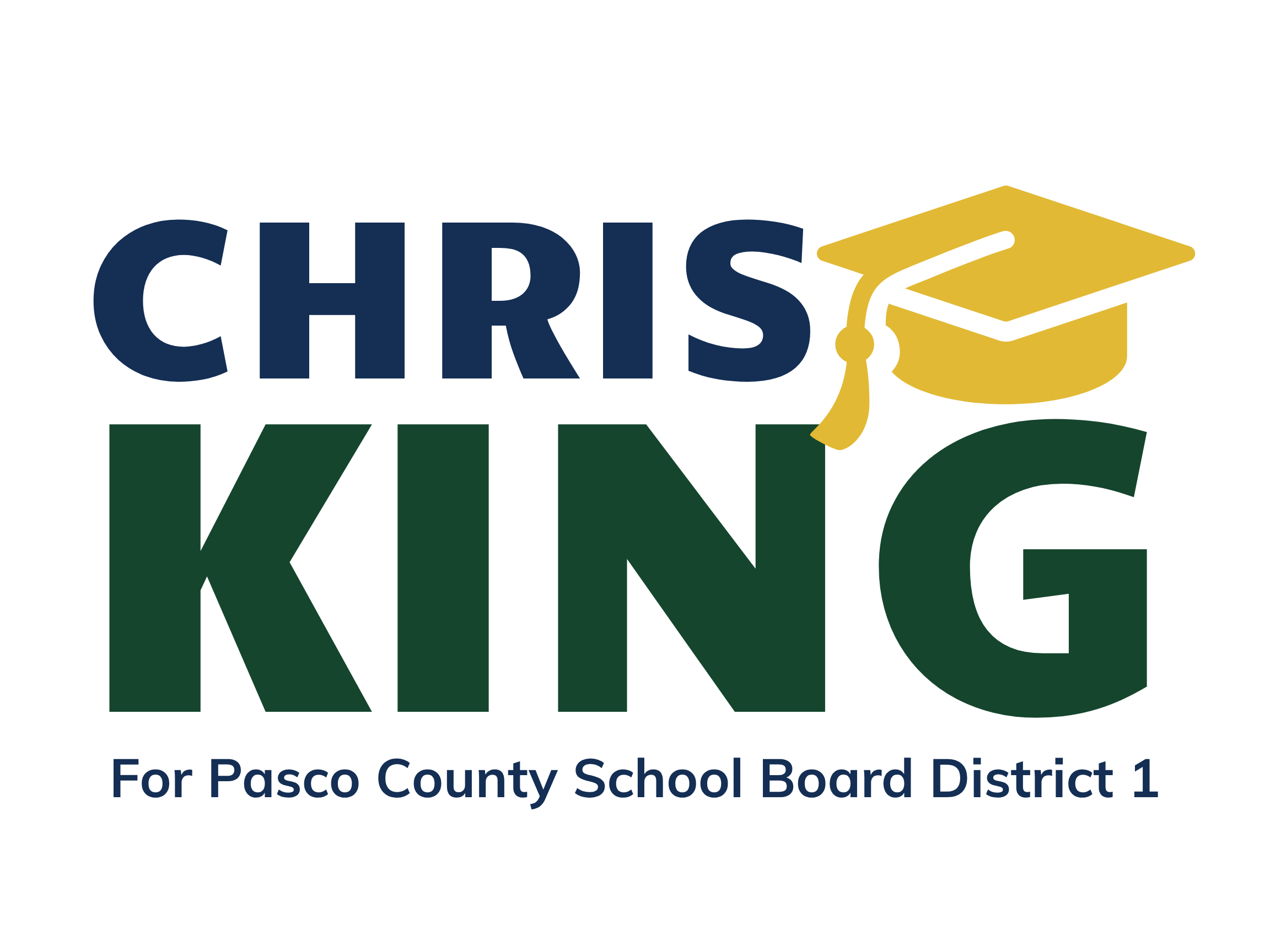 Campaign logo for Chris King for Pasco County School Board District 1, featuring the name 'Chris King' with a graduation cap icon.