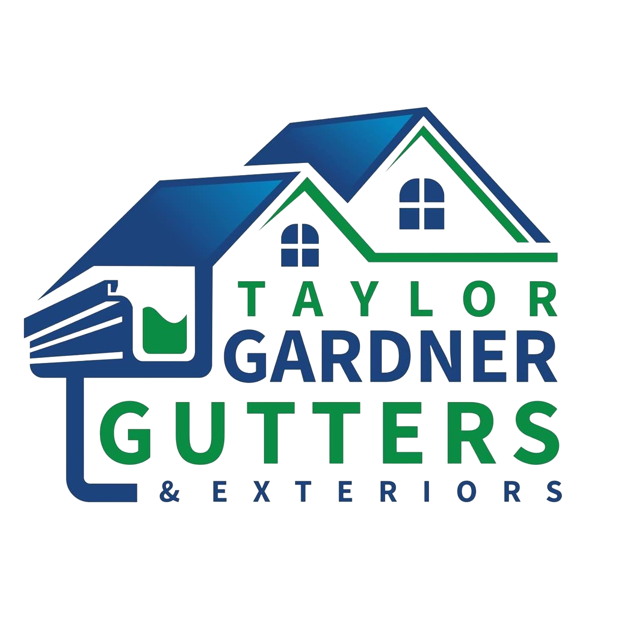 Logo for Taylor Gardner Gutters & Exteriors featuring a house with a gutter system and the company name in green and blue text.