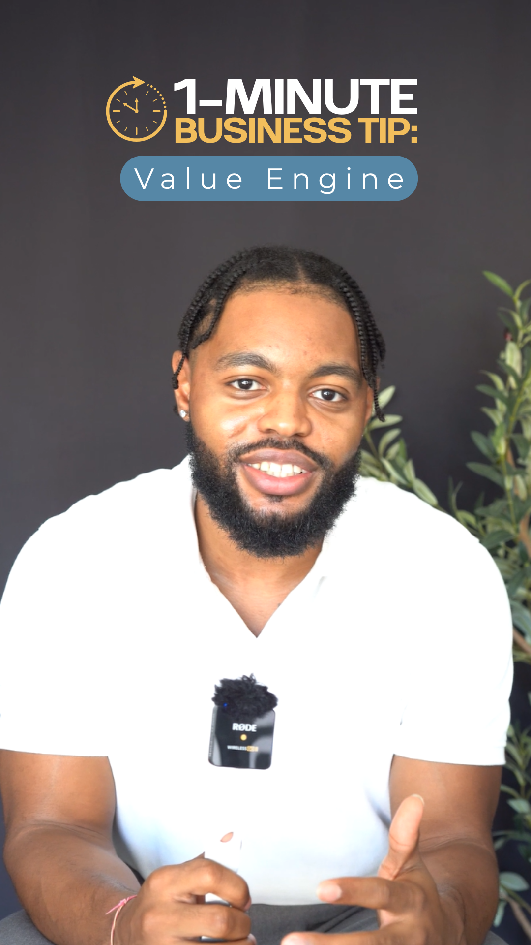 A man with a beard smiling and giving a thumbs-up, sitting against a dark background with a potted plant to his right. Text overlay reads '1-Minute Business Tip: Value Engine' with a clock icon.