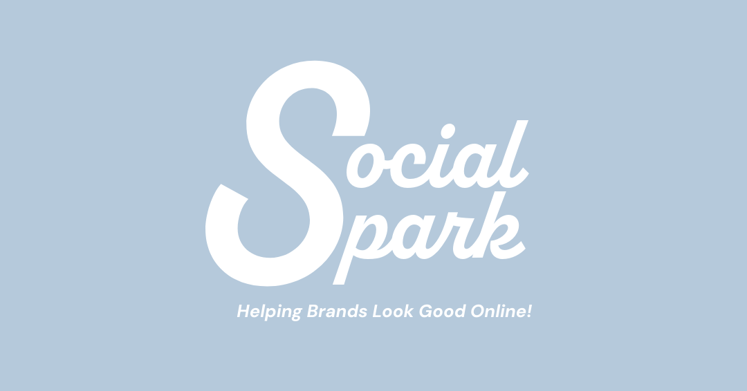 Light blue background with white text reading "Social Spark" and a tagline "Helping Brands Look Good Online!"