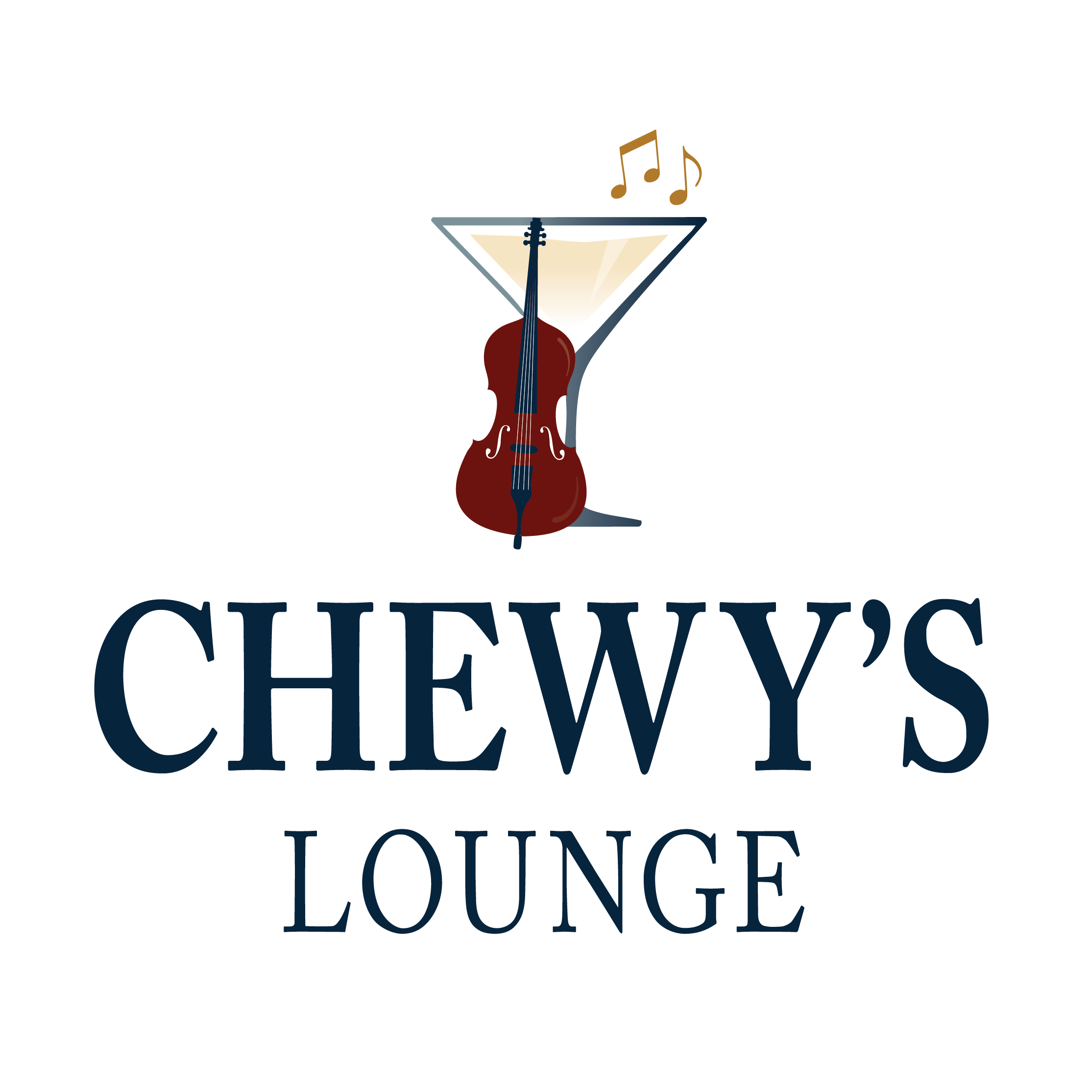 Logo for Chewy's Lounge featuring a cocktail glass with a violin inside and musical notes above.