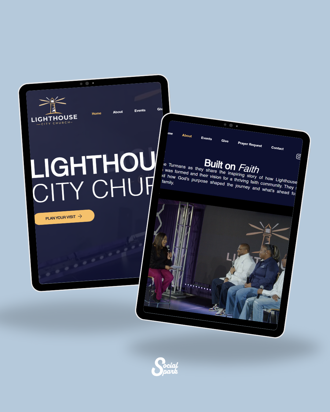Two tablets displaying the Lighthouse City Church website, one showing the homepage with a 'Plan Your Visit' button, the other showing a section titled 'Built on Faith' with a panel of speakers on stage.