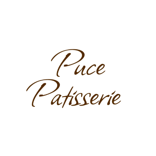 Logo for Puce Patisserie with elegant brown cursive text on a black background.