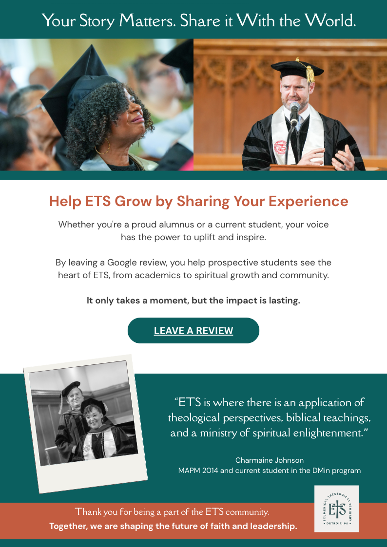 A promotional flyer encouraging people to share their graduation or student experience with ETS, featuring images of graduates in academic regalia and a call to action to leave a review.