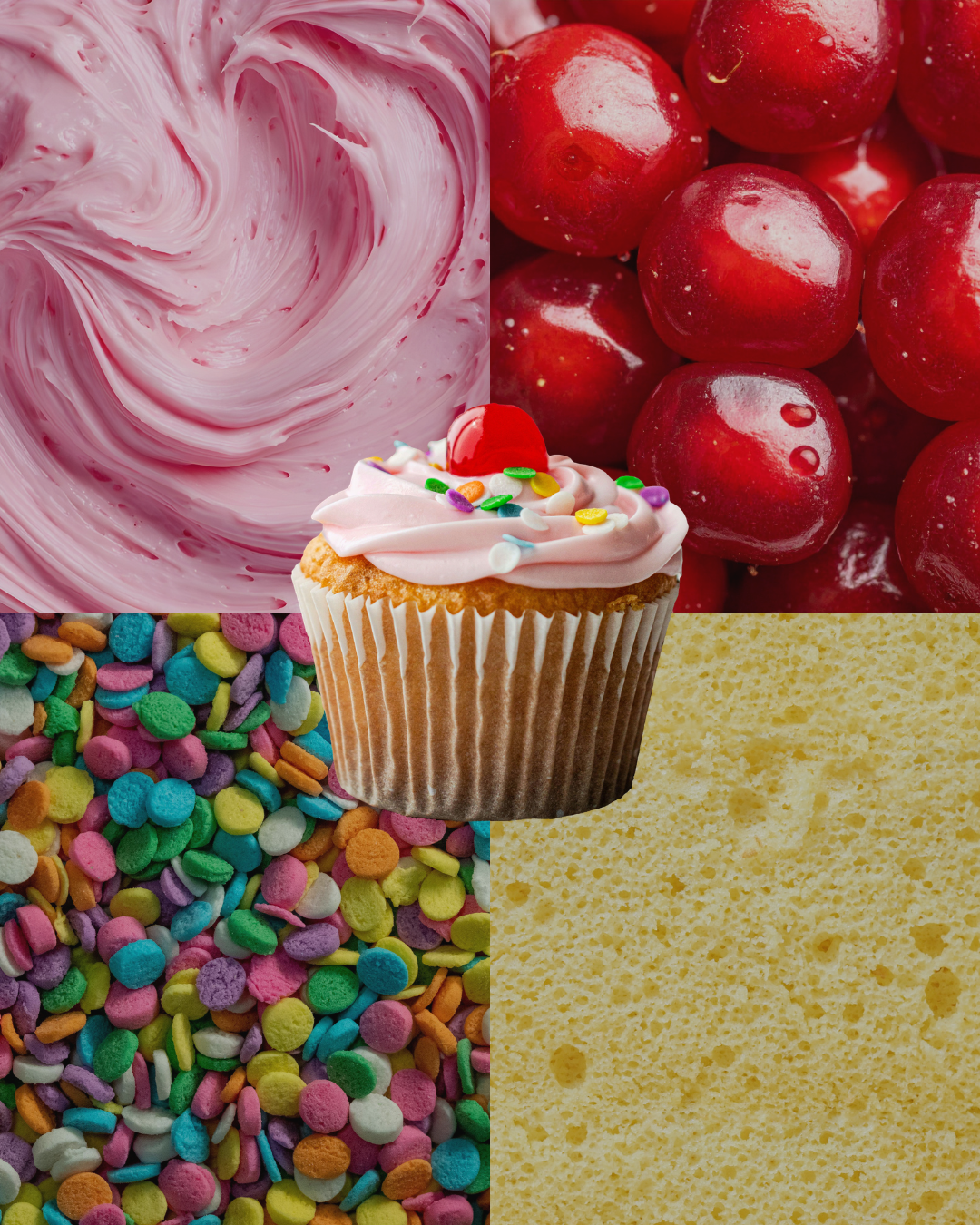 A collage of four dessert ingredients: pink frosting swirl, red cherries, colorful sprinkles, and yellow sponge cake, with a cupcake topped with pink frosting, a cherry, and sprinkles in the center.