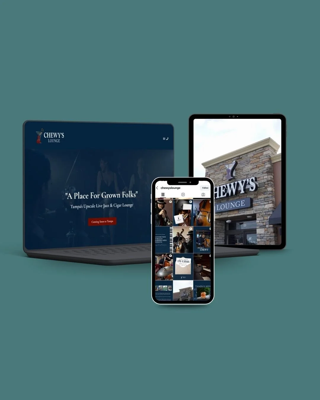 phone, laptop, and tablet showing a brand 