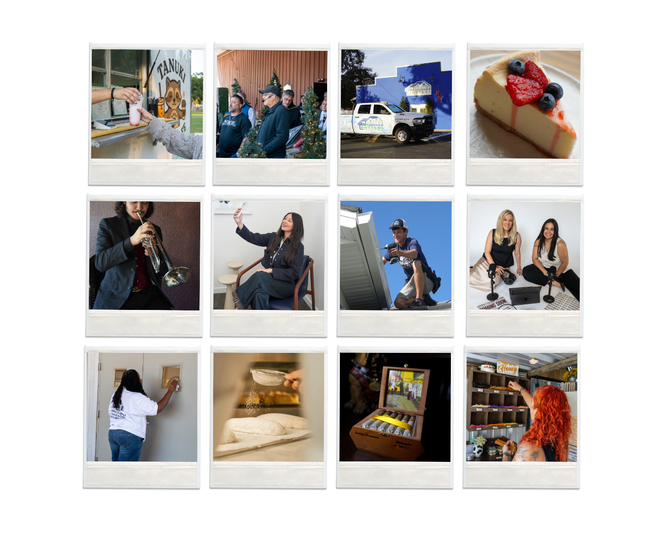 A collage of twelve images depicting various activities and scenes: A person handing a pink drink to another at a window; people gathered outside near Christmas trees; a commercial truck parked outside a building; a slice of cheesecake with berries; a woman playing the trumpet; a woman taking a selfie; a man installing solar panels; two women sitting with game controllers; a person cleaning a door window; dough rising; a box of cigars; a woman shopping for honey.