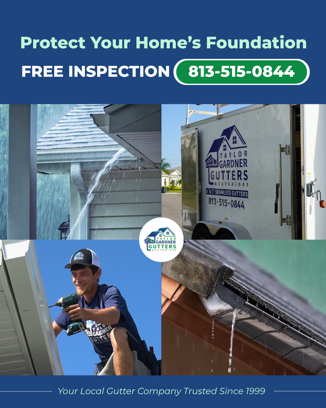 Advertisement for Taylor Gardner Gutters offering free home gutter inspection, featuring images of gutter cleaning, a service truck, a worker installing gutters, and close-up of a gutter leak.