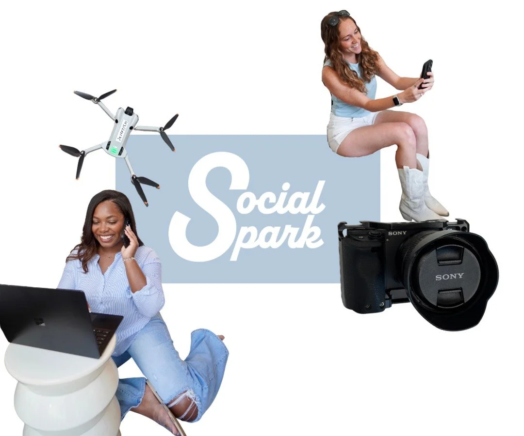 Two women with electronic devices near a sign that reads 'Social Park'. One is sitting with a laptop and talking on the phone, the other is sitting on top of a camera, holding a smartphone and smiling. A drone is flying nearby.