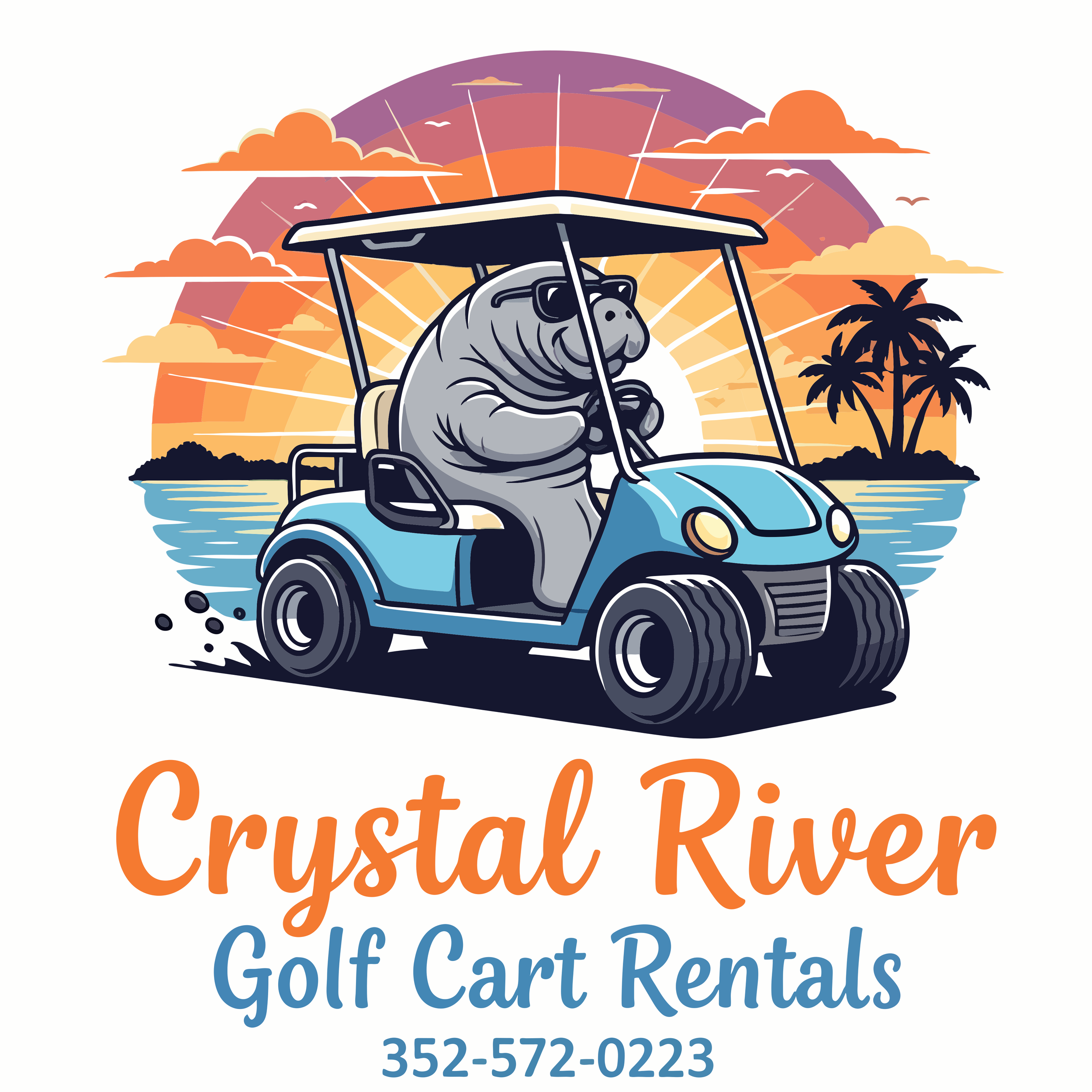 A cartoon illustration of a hippopotamus driving a blue golf cart at sunset with palm trees in the background, promoting Crystal River Golf Cart Rentals with contact number 352-572-0223.