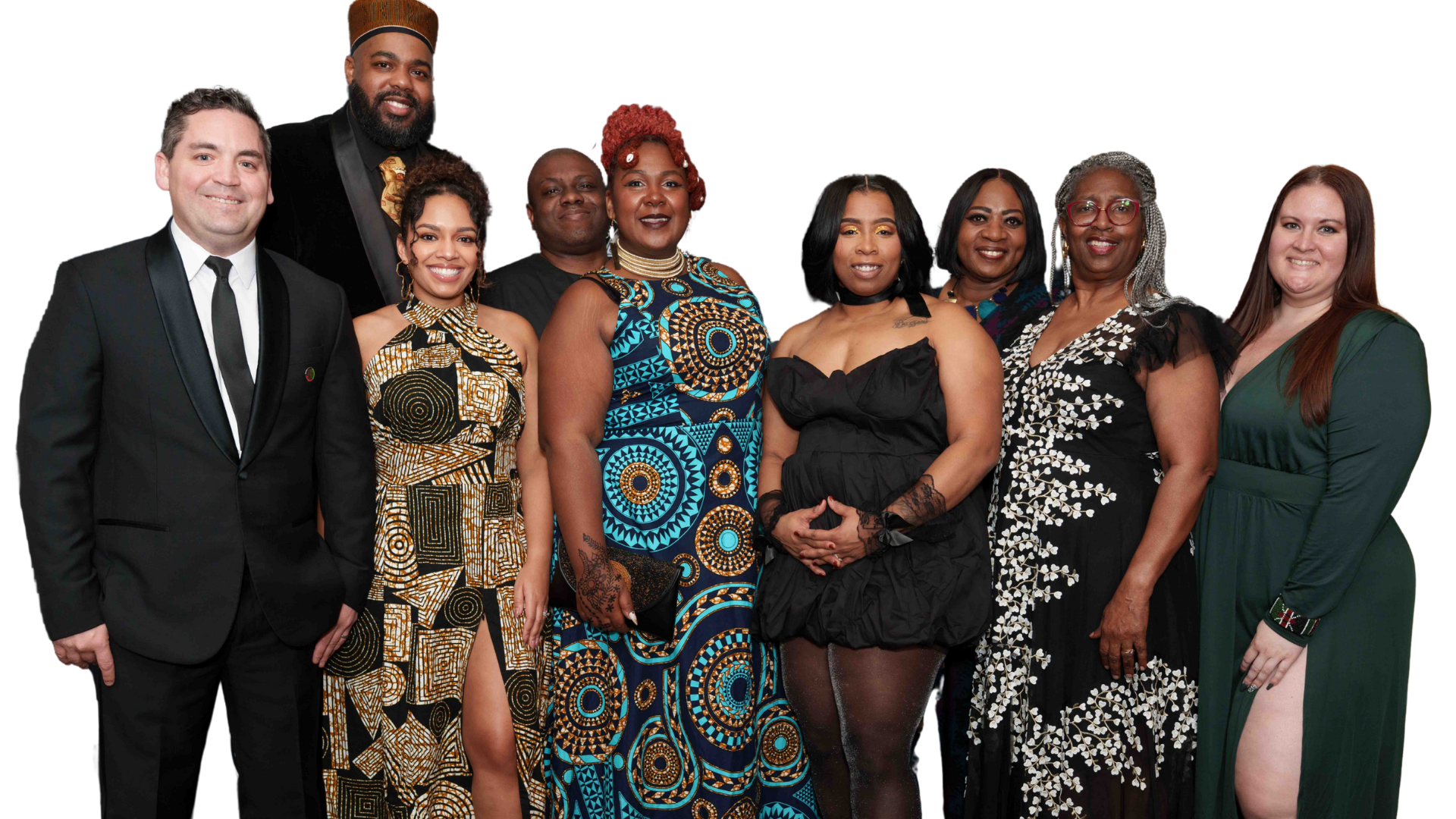 Group of people smiling in formal wear.