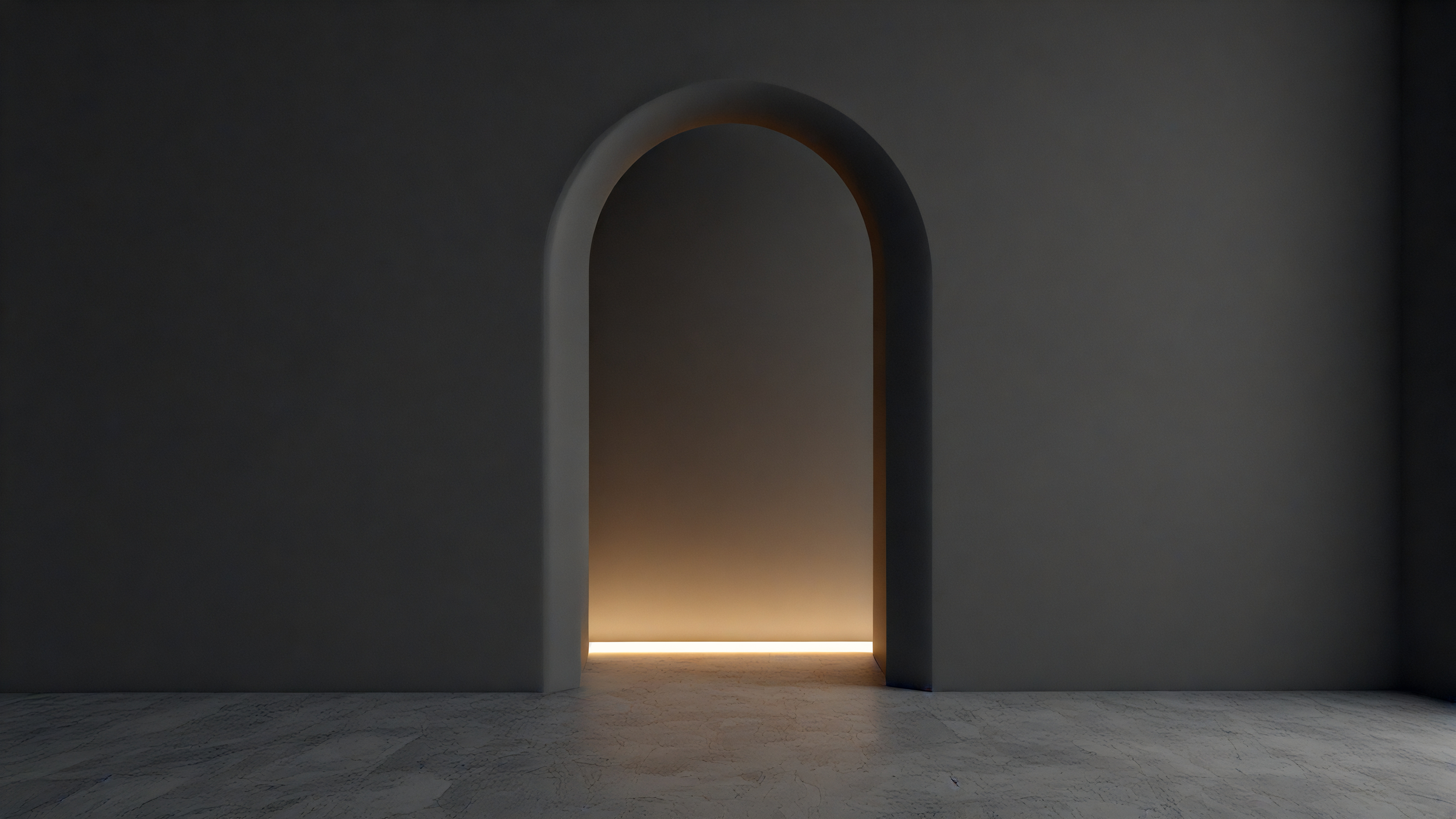 a glowing archway in a grey wall with marble floor
