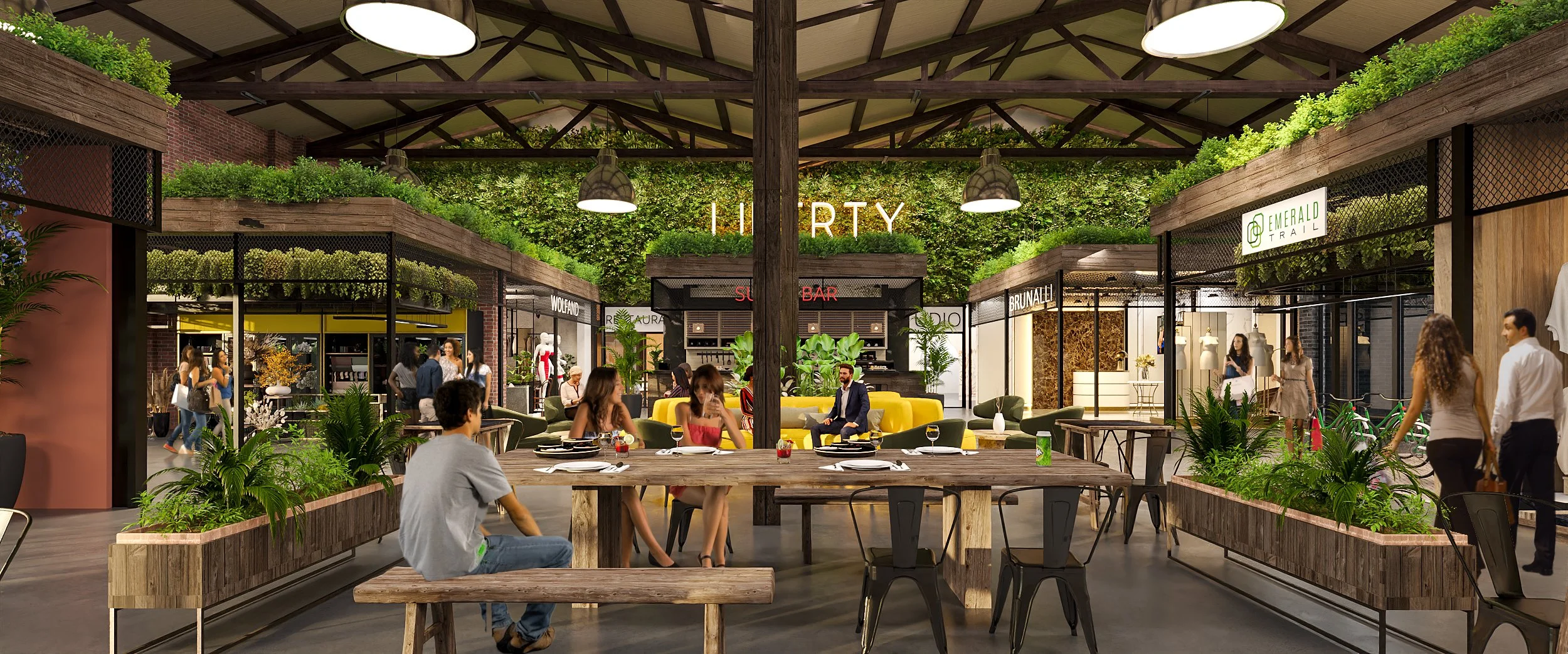 Indoor shopping mall with seating area, shop storefronts, and shoppers, featuring greenery and modern decor.