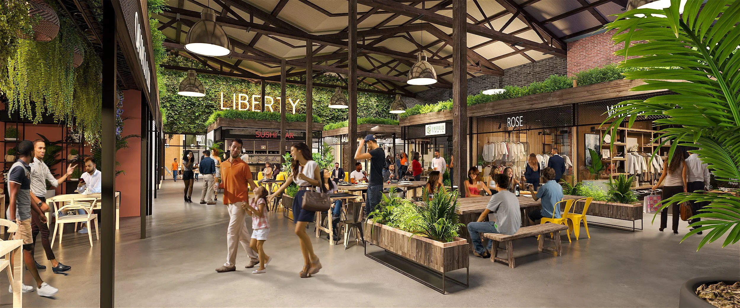 Interior view of a modern shopping and dining area with greenery, wooden accents, and various stores including a sushi bar and boutique, with many people walking, sitting, and conversing.
