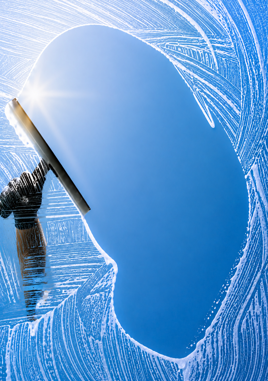 A person cleaning a large window with a squeegee, looking through the clean glass at a blue sky with sunlight.