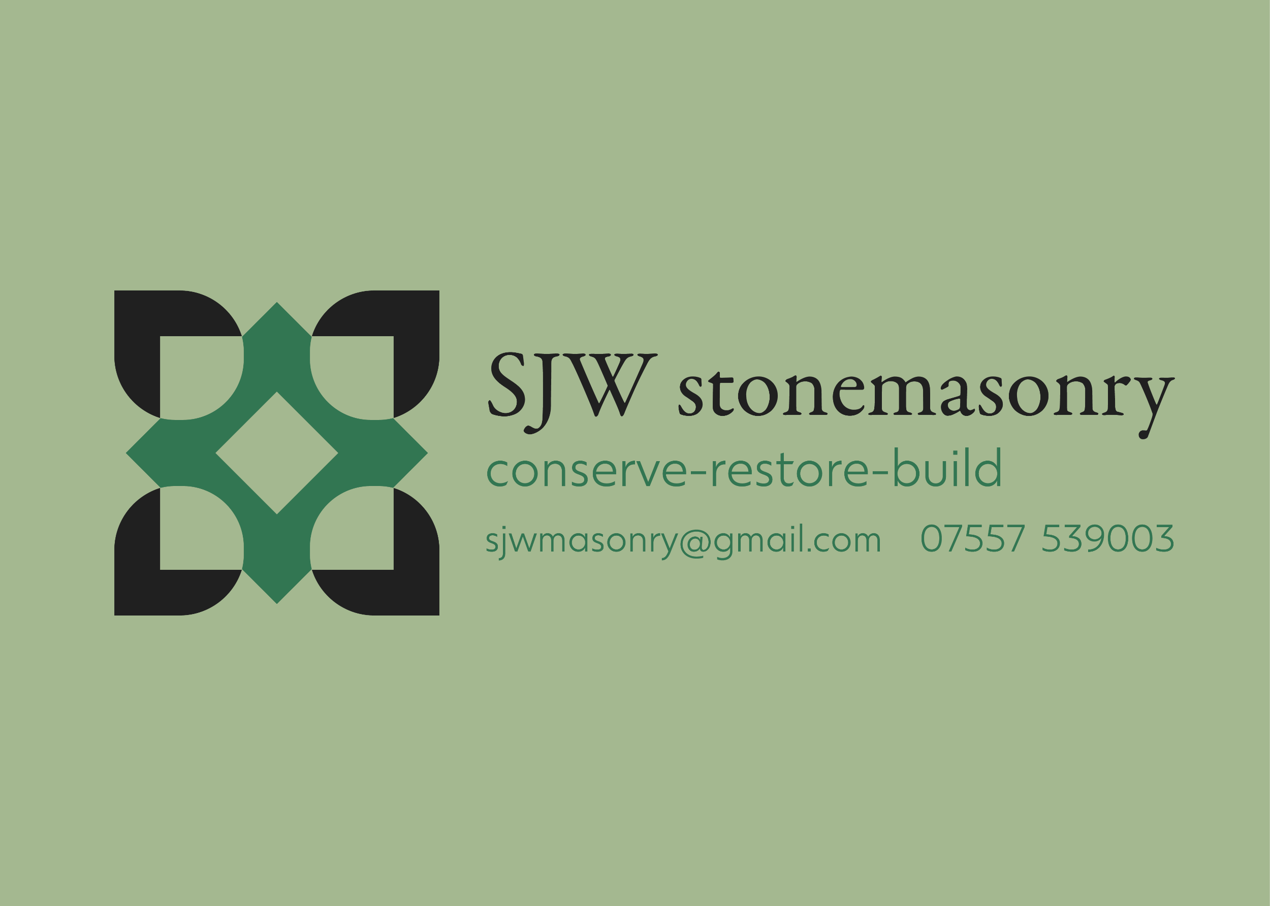 Business card for SJW stonemasonry, with logo, email, and phone number, on a light green background.