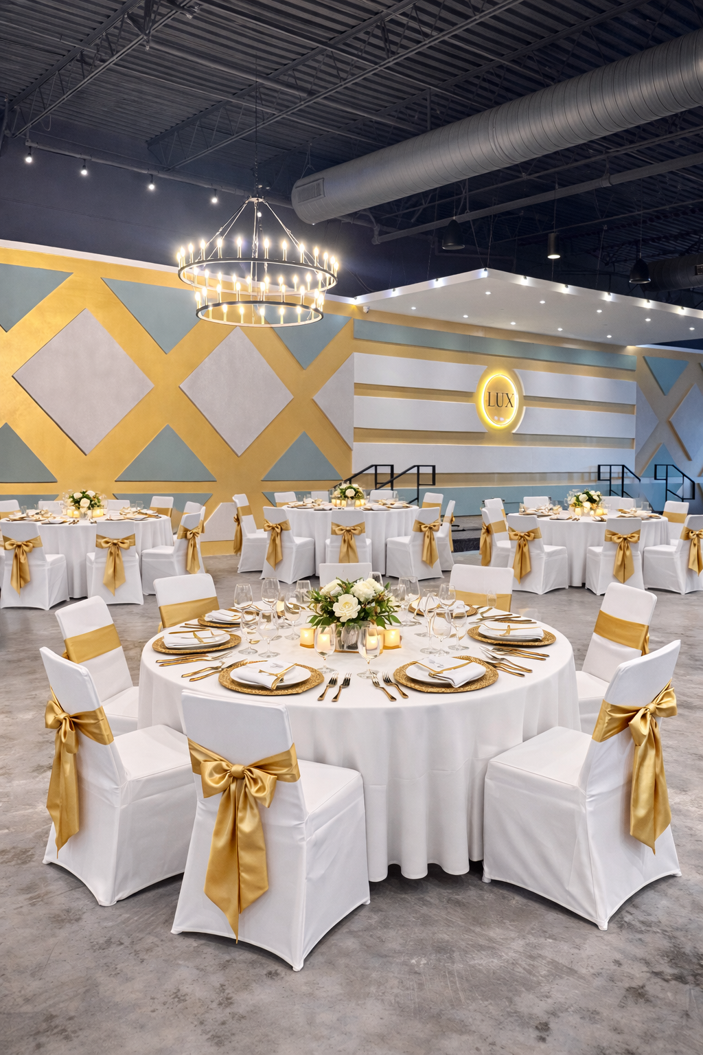 Elegant banquet hall decorated for a celebration with round tables covered in white tablecloths, gold accents, and floral centerpieces, featuring a modern wall design and a chandelier.