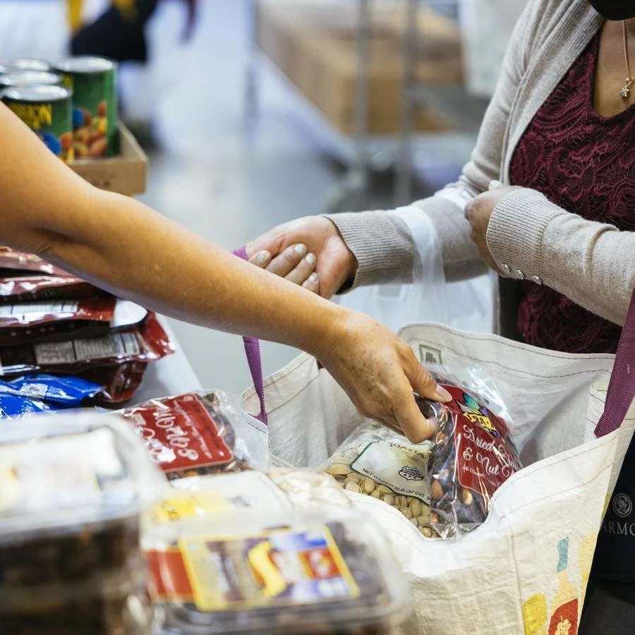 Hands putting food in a grocery bag