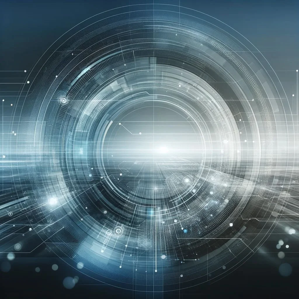Digital futuristic interface with concentric circles, lines, and dots representing technology and data visualization.