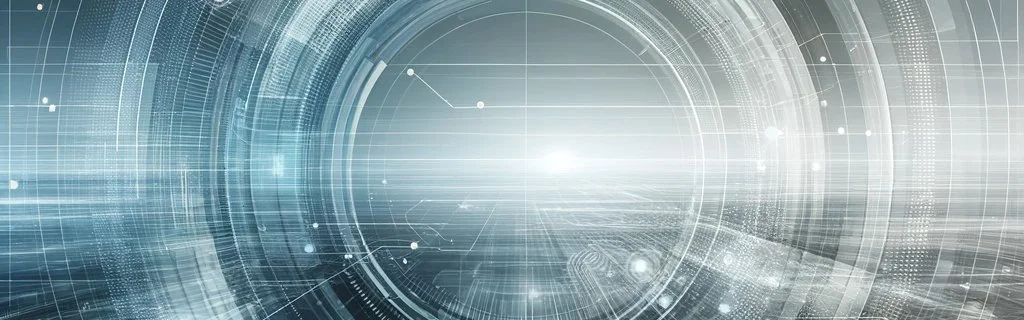 Futuristic digital interface with glowing circular and grid patterns and data points.