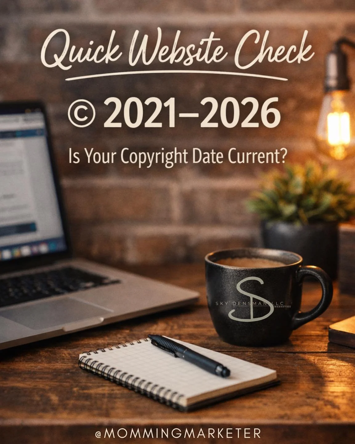 𝗤𝘂𝗶𝗰𝗸 𝘄𝗲𝗯𝘀𝗶𝘁𝗲 𝗰𝗵𝗲𝗰𝗸 𝗳𝗼𝗿 𝘁𝗵𝗲 𝗻𝗲𝘄 𝘆𝗲𝗮𝗿:
Take a look at the copyright date in your website footer.

Best practice &mdash; often recommended by intellectual property attorneys &mdash; is that your copyright should reflect 𝘁
