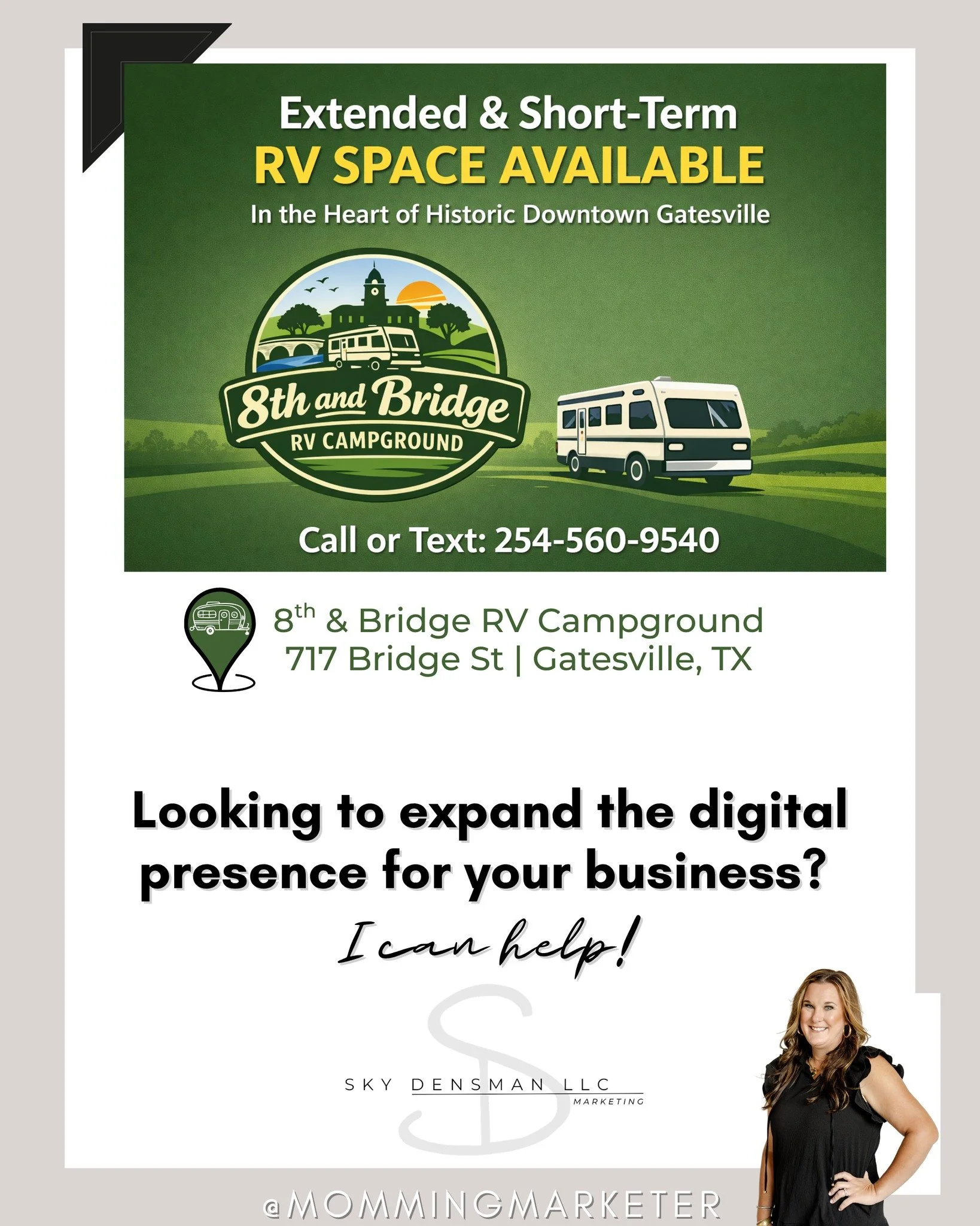 Looking to expand the digital presence for your business? A local RV park just steps from Historic Downtown Gatesville just got their Google, Yelp and Apple Maps Business Listings claimed and updated&mdash;and got a fun new logo! And, they are open f