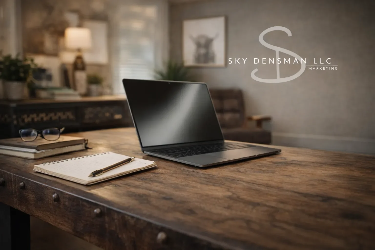 A wooden desk with a laptop, a closed notebook with a pen on top, a pair of glasses, and a stack of books, in a well-lit home office or study room with plants and framed artwork in the background.
