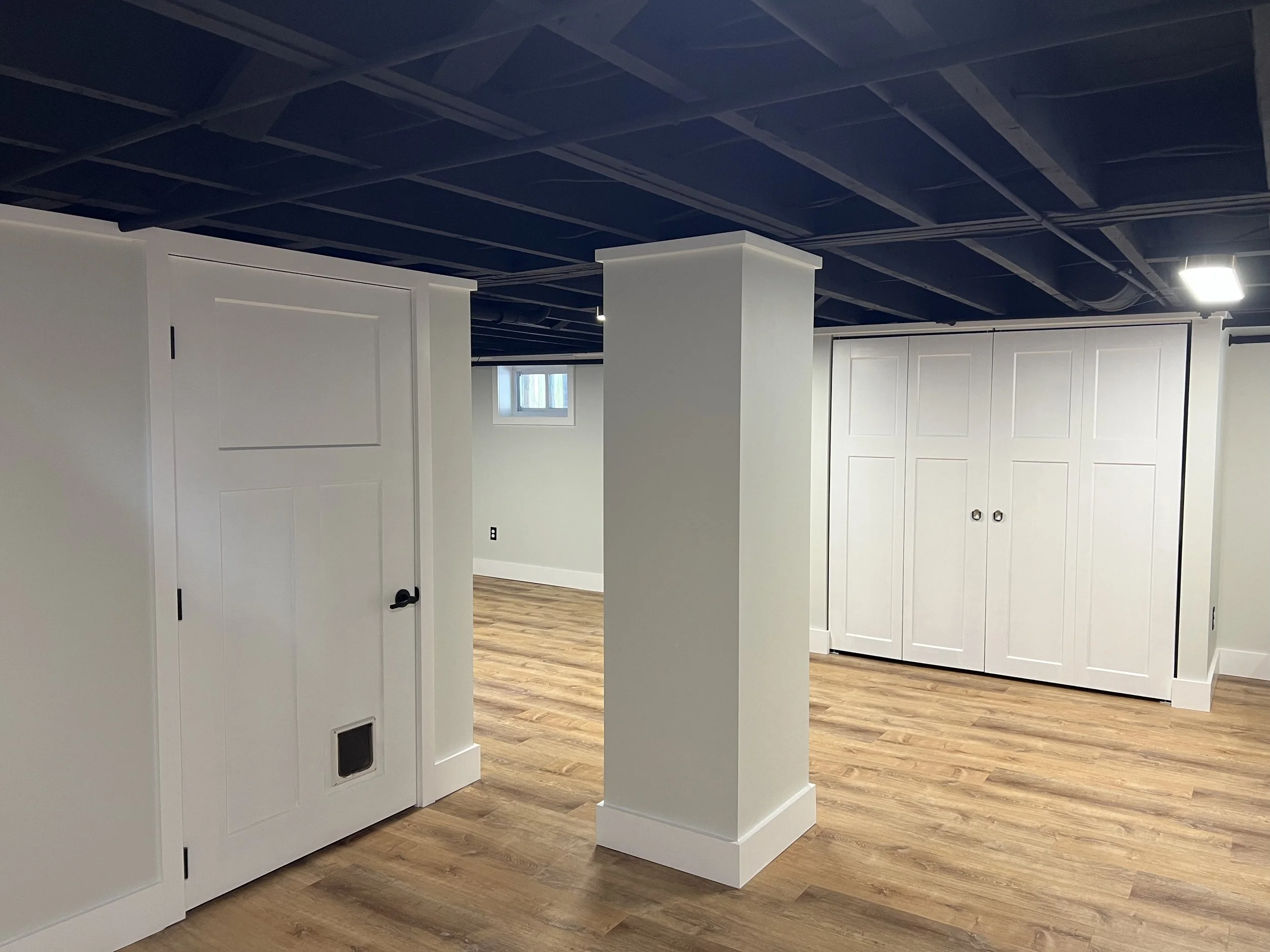 Interior of a basement with white walls, a white double door, a closet with white sliding doors, hardwood flooring, and a blue ceiling with visible beams and lighting fixtures.