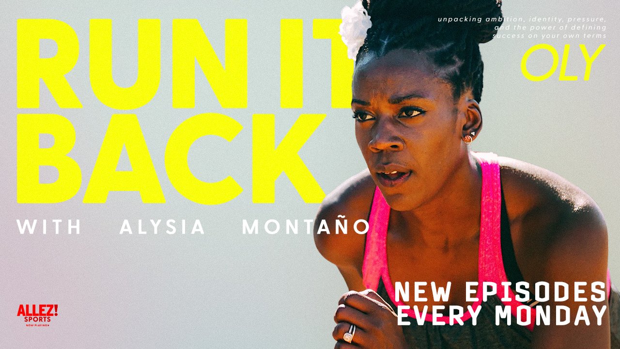 Run It Back with Alysia Montaño series thumbnail. Alysia Montaño mid-run in pink tank top and white flower in her hair, intense focused expression. Bold yellow text reads "RUN IT BACK with Alysia Montaño." White text reads "OLY" and "New Episodes Eve