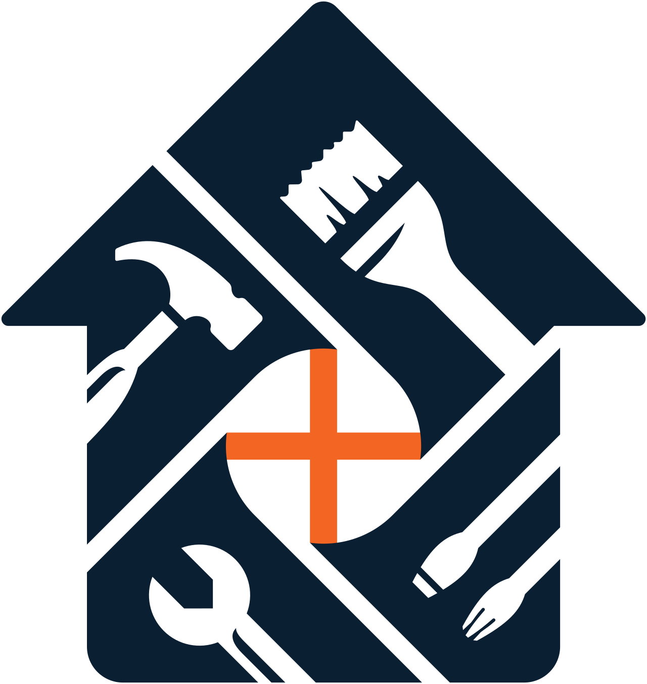 Icons of a hammer, wrench, screwdriver, and paintbrush with an orange plus sign, representing home repair or maintenance.