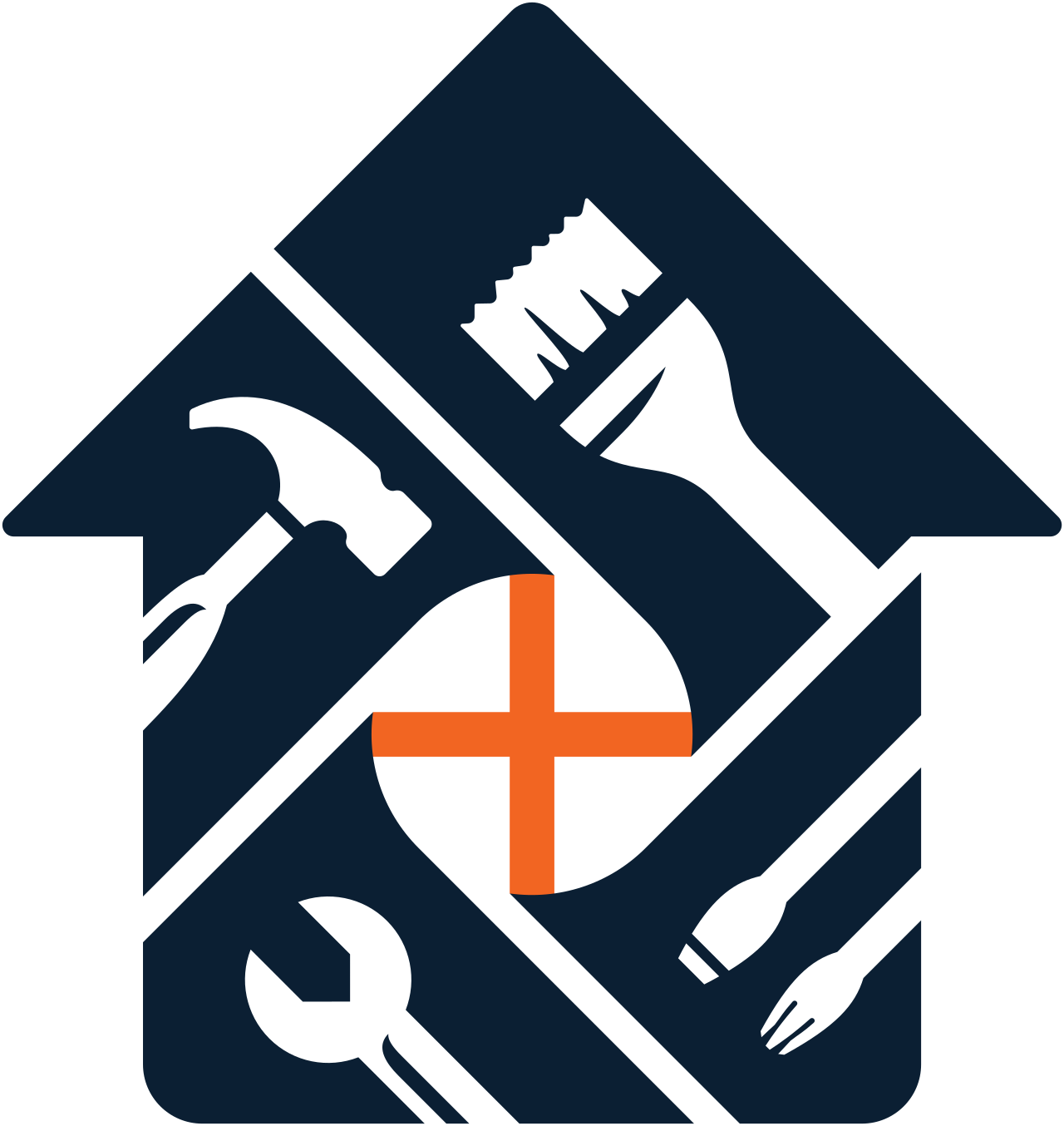 Icons representing home repair tools such as a hammer, screwdriver, wrench, and saw, arranged within a house outline, with a medical cross symbol in the center indicating home repair and maintenance services.
