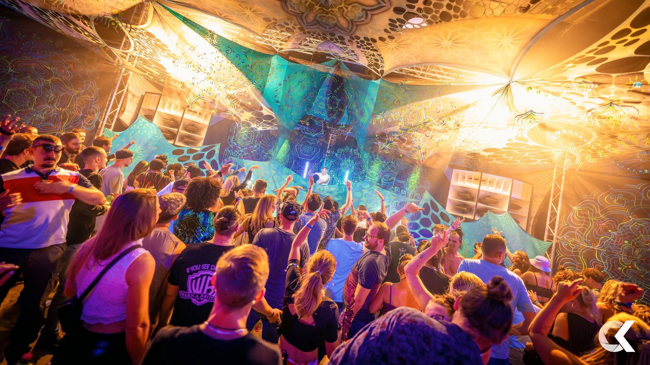 Crowd of people dancing and enjoying a music concert with colorful lighting and stage decorations.