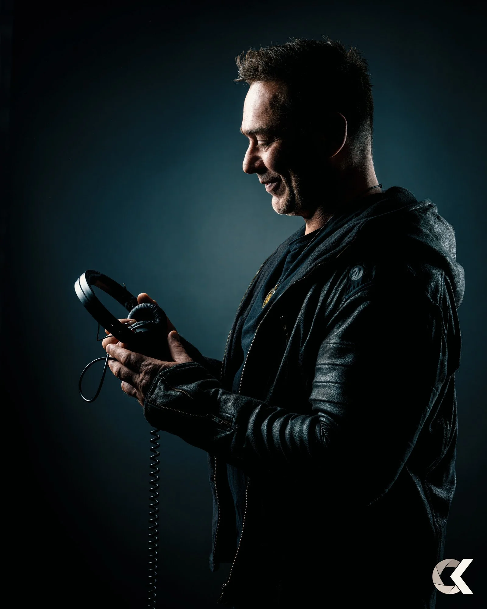 Ein Mann trägt eine schwarze Lederjacke und hält einen Kopfhörer in den Händen, während er auf das Gerät schaut.