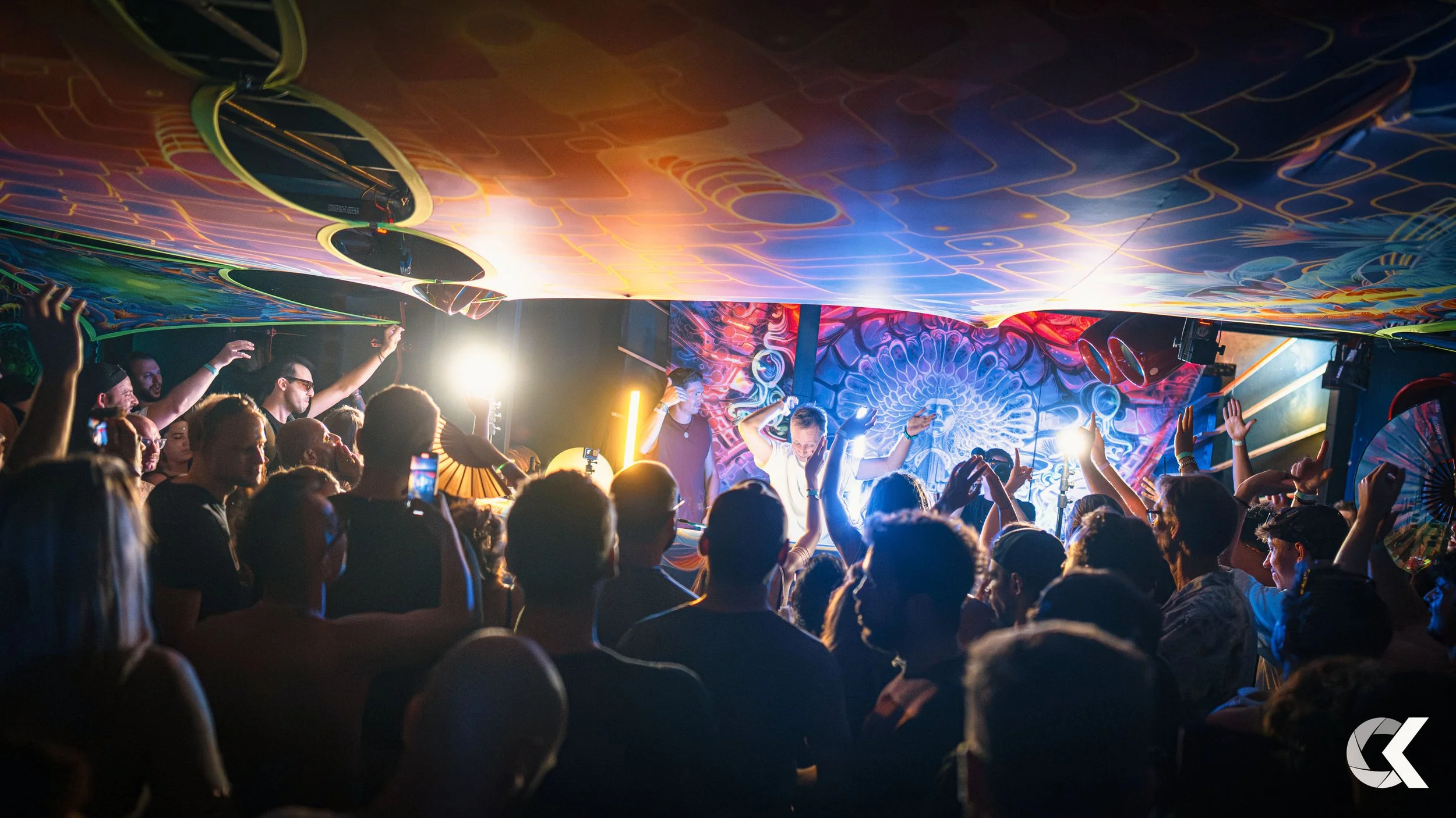 Crowd of people dancing and enjoying a DJ performance in a dimly lit club with colorful psychedelic murals on the walls and ceiling.