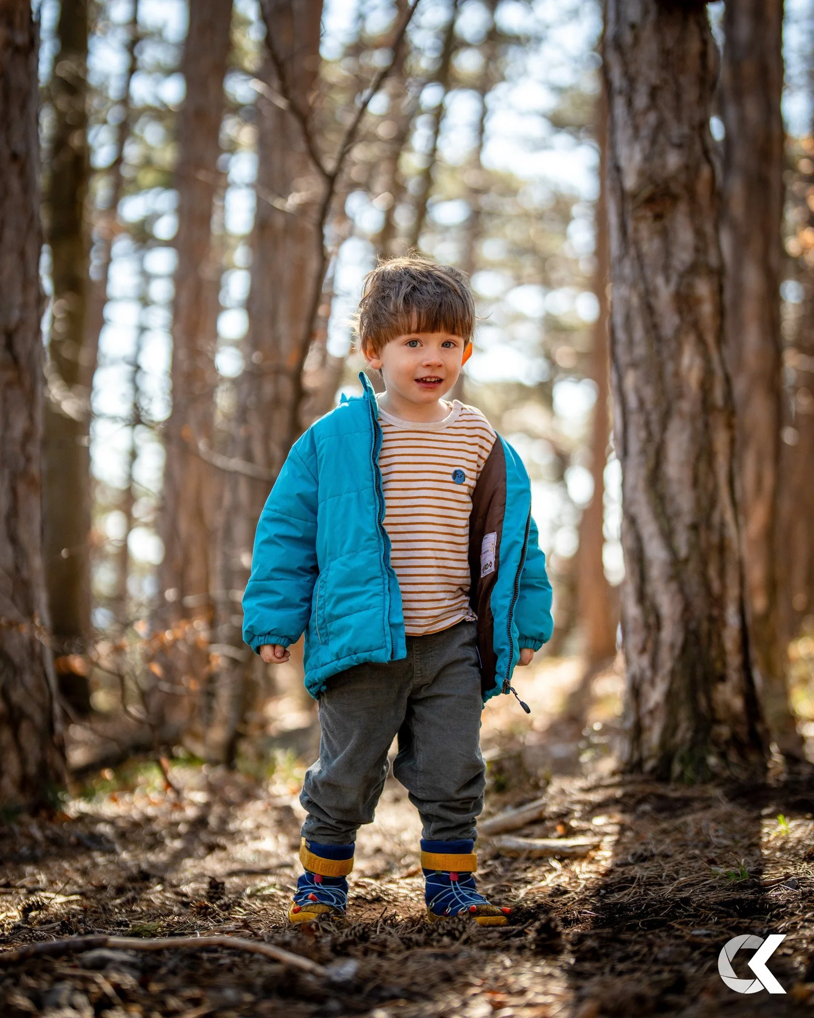 A young boy with brown hair, wearing a blue jacket, striped shirt, gray pants, and colorful shoes, stands on a dirt trail in a forest of tall trees.